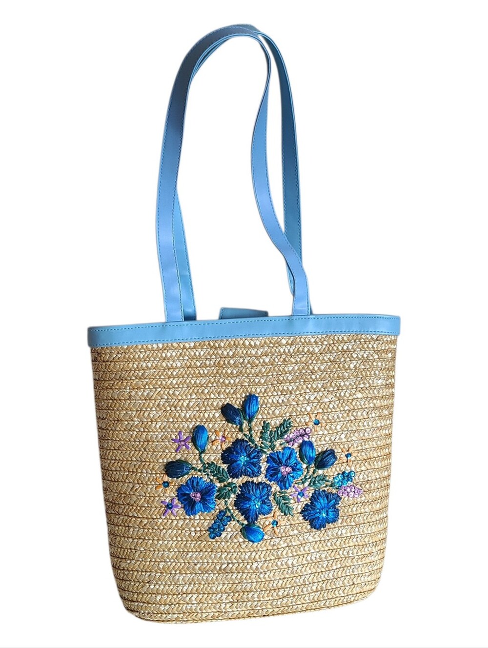 vintage white stag embroidered straw tote bag